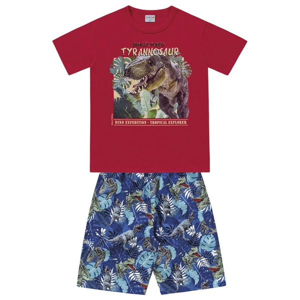 Conjunto Infantil de Menino Camiseta Vermelha + Bermuda Dinossauro Rex