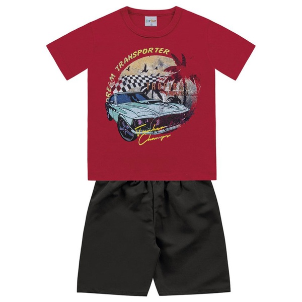Conjunto Infantil de Menino Camiseta Vermelha Carro + Bermuda Tectel 