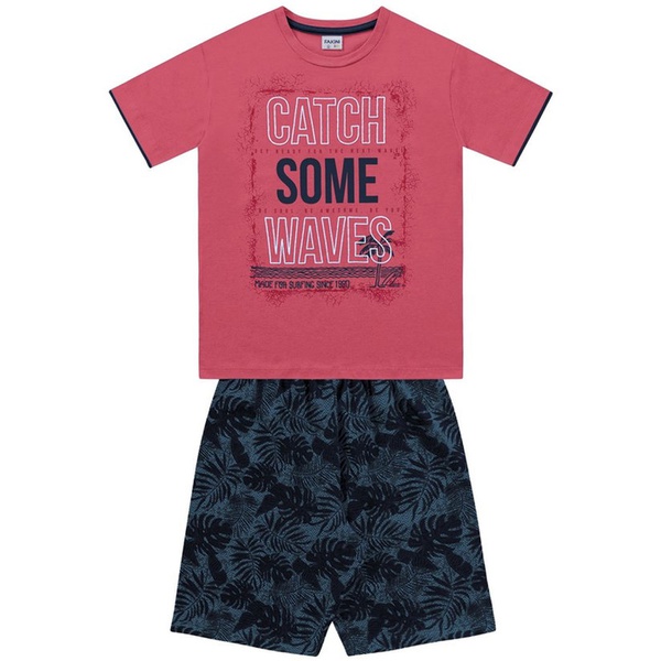 Conjunto Infantil de Menino Fakini Camiseta Salmão + Bermuda Catch Waves