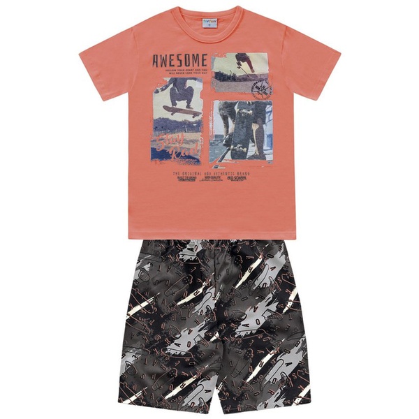 Conjunto Infantil de Menino Camiseta Laranja + Bermuda Skate
