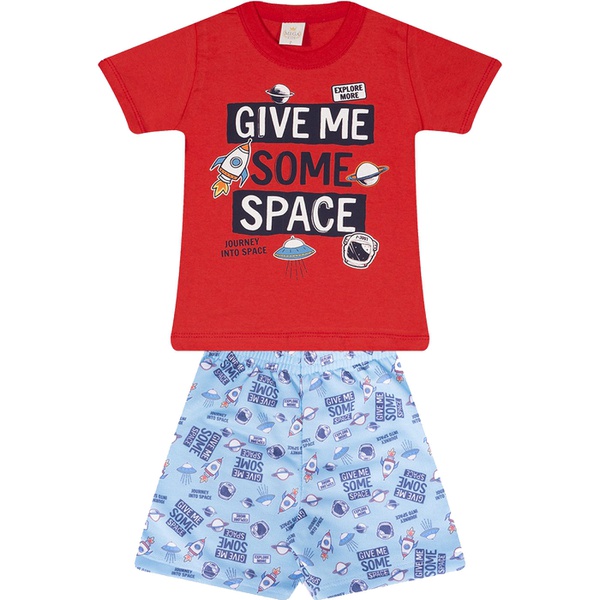 Conjunto Infantil Verão Menino Camiseta Vermelha Space e Bermuda Azul Clara