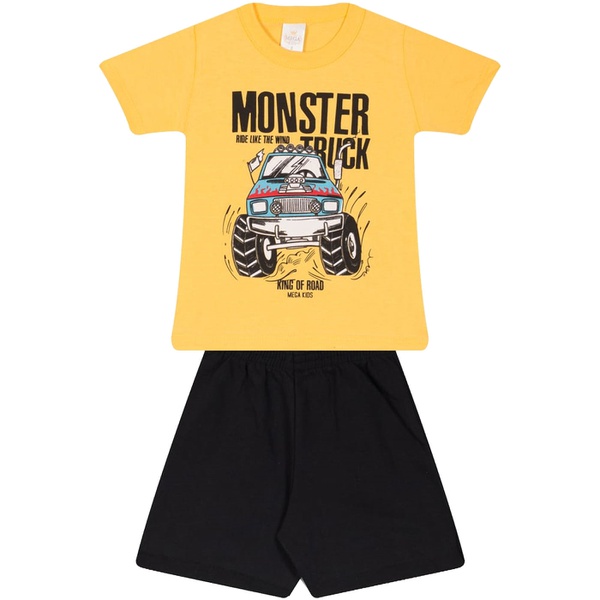 Conjunto Infantil Verão Menino Camiseta Amarela Monster Truck e Bermuda Preta