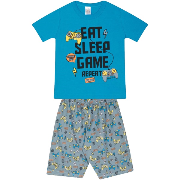 Conjunto Infantil Verão Menino Camiseta Azul Game e Bermuda Azul
