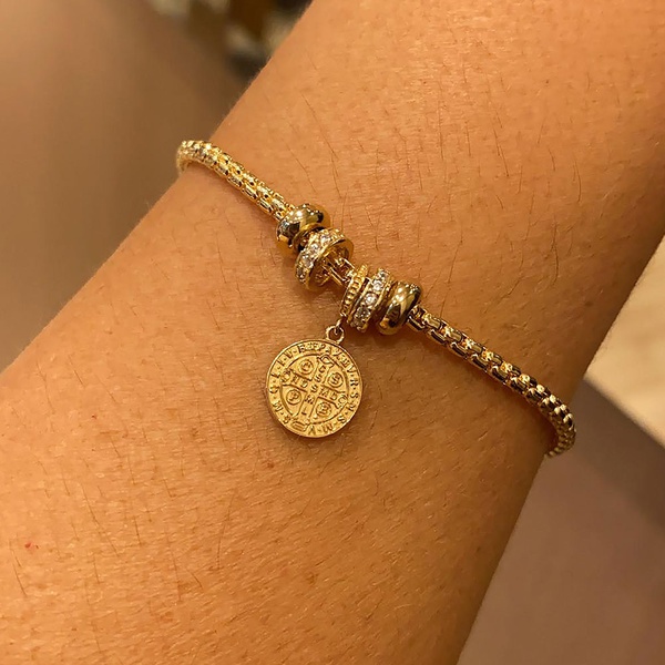 Pulseira Moment De Ouro 18k Com Medalha De Sao Bento