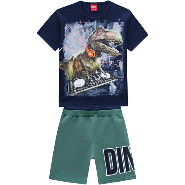 Conjunto Kyly Masculino Infantil Camiseta Estampa Dinossauro DJ + Bermuda Moletom