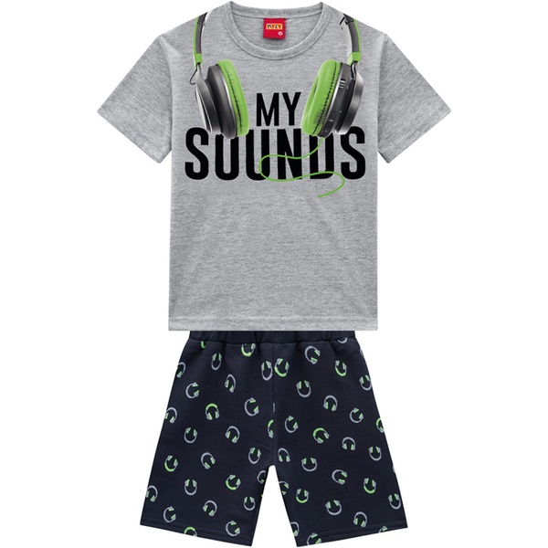Conjunto Kyly Masculino Infantil Camiseta Estampa Fone de Ouvido Neon + Bermuda Moletom