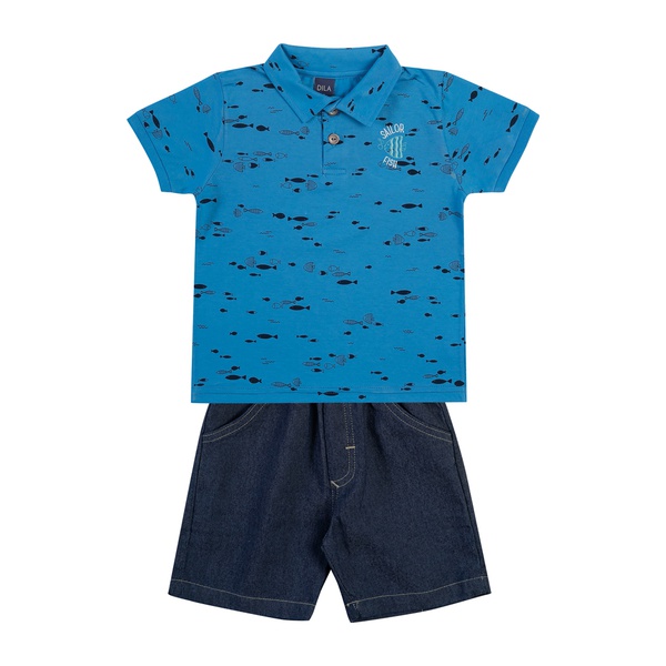 Conjunto Dila Bebê Masculino Camiseta Gola Polo Estampa Peixinhos e Bermuda Jeans