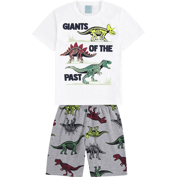 Pijama Kyly Infantil Masculino 4-6-8 Branco com Cinza Dinossauros