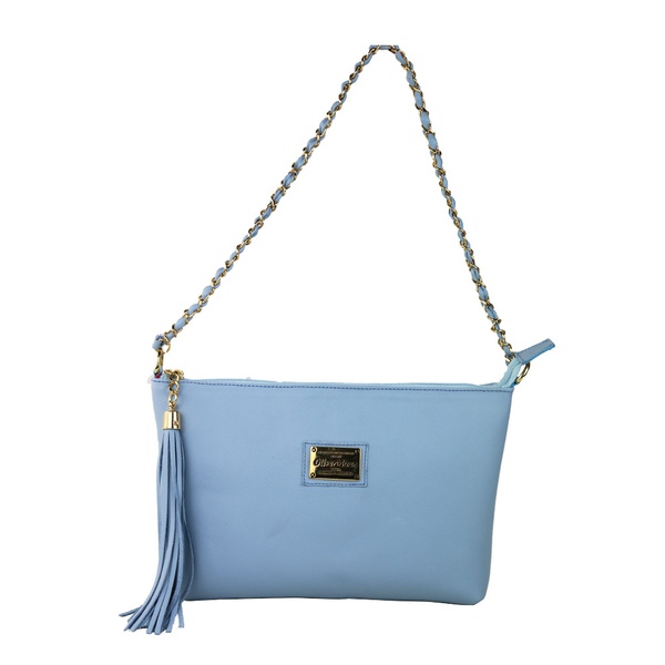 Bolsa Clutch em Couro Legitimo com Alça de Corrente Azul Claro | OLIVERMOUR