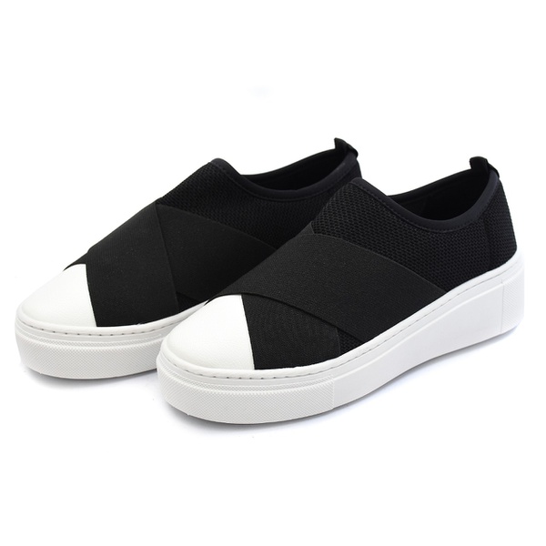 Tênis Slip On Meghan - Elástico Cruzado Preto | Outlet Banana Rosa