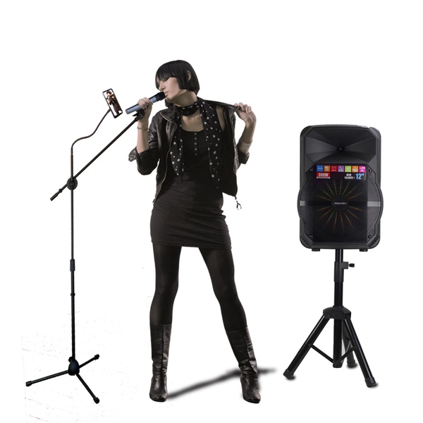Kit Show Polyvox com Caixa Amplificada XC-512 + Tripé para Caixa + Dois Microfones sem Fio + Pedestal para Microfone com Suporte para Celular