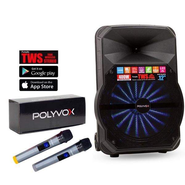 Caixa De Som Amplificada Xc-512 TWS Polyvox Bluetooth Usb 400W + Microfone sem Fio Polyvox