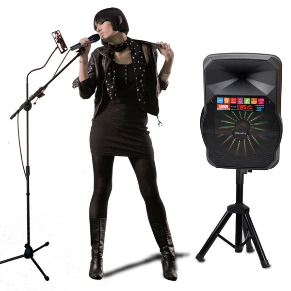 Kit Show Polyvox com Caixa Amplificada XC-512T + Tripé para Caixa + Microfone com Fio + Pedestal para Microfone 