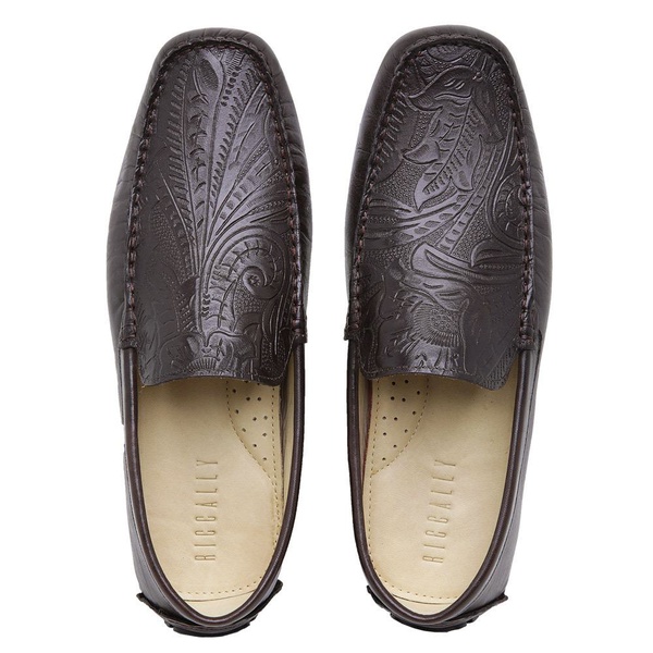 Mocassim Drive Masculino Couro Textura Arabesco Café Riccally | Riccally