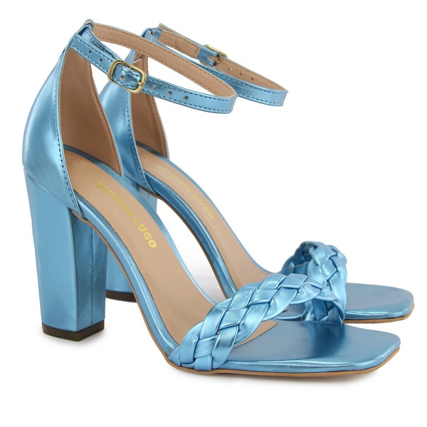 Sandália Salto Grosso Trança Azul Metalizado Vitória Lugo | Rilu Fashion