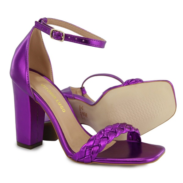 Sandália Salto Grosso Trança Roxo Metalizado Vitória Lugo | Rilu Fashion