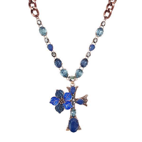Maxi colar de cruz com flor azul montana 13818