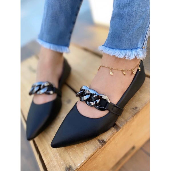 Sapatilha Preta com Corrente Nova | Talline Sapatilhas Atacado