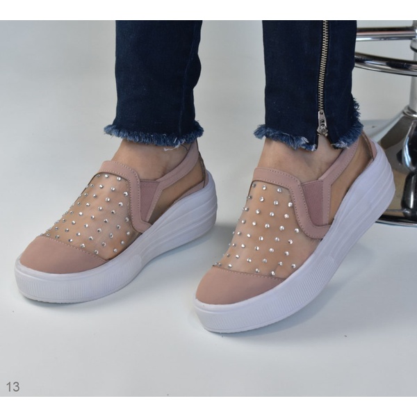 Slip On Claro com Transparência e Pedras | Talline Sapatilhas Atacado