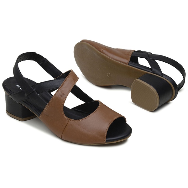 SANDÁLIA SALTO BAIXO COURO CARAMELO E PRETO- 600-35 | Sapato RetrÔ