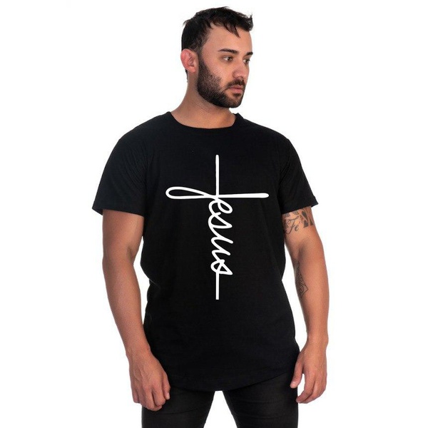 Camiseta Masculina Long Line Jesus Preta -Selten 