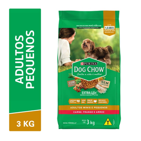 Dog Chow Ração Seca Cães Adulto Raças Minis e Pequenas Carne, Frango e Arroz 3kg