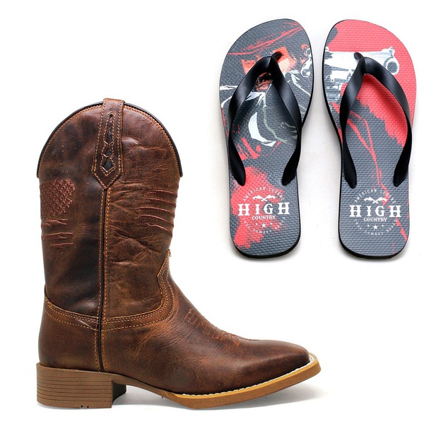 Bota Texana Rustic Flag + Chinelo Red Dead High Country