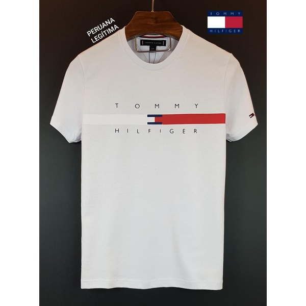 Camiseta Tommy Malha Peruana Branca Listra Frente 