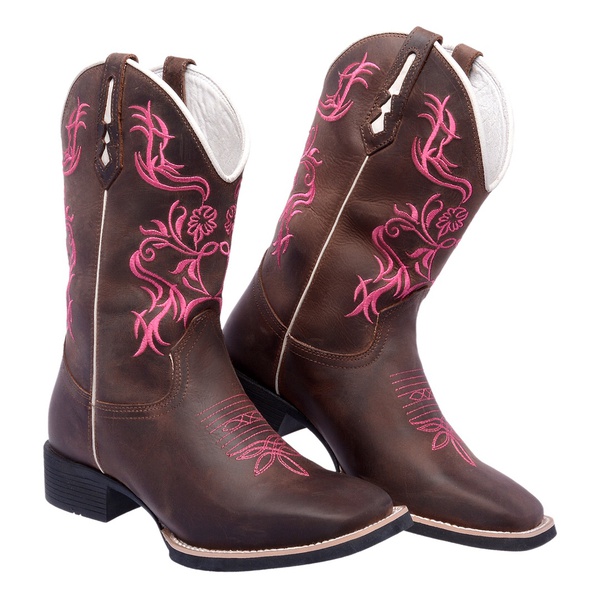 Bota Texana Feminina em Couro Bico Quadrado Bordado Tribal Rosa | TEXASKING