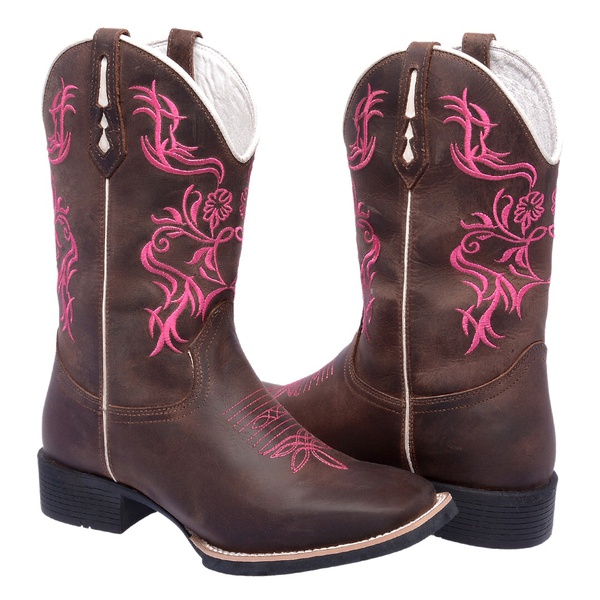Bota Texana Feminina em Couro Bico Quadrado Bordado Tribal Rosa | TEXASKING