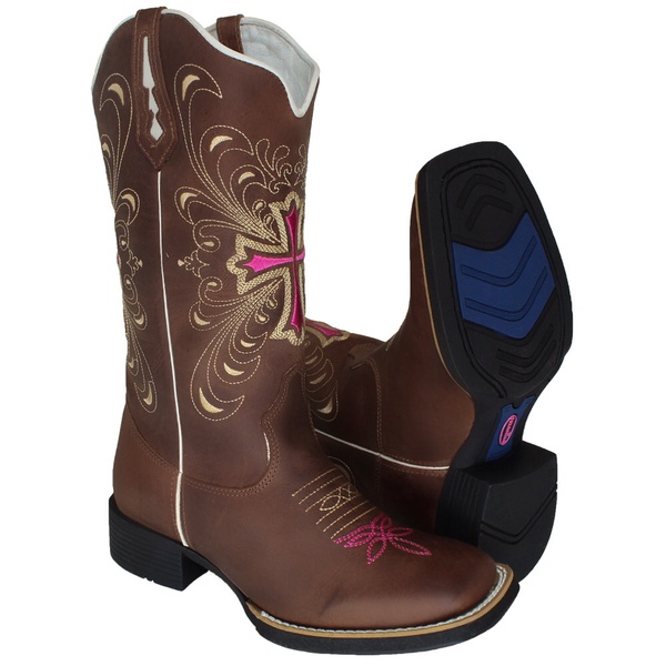 Bota Texana Feminina Cruz Rosa Couro | TEXASKING