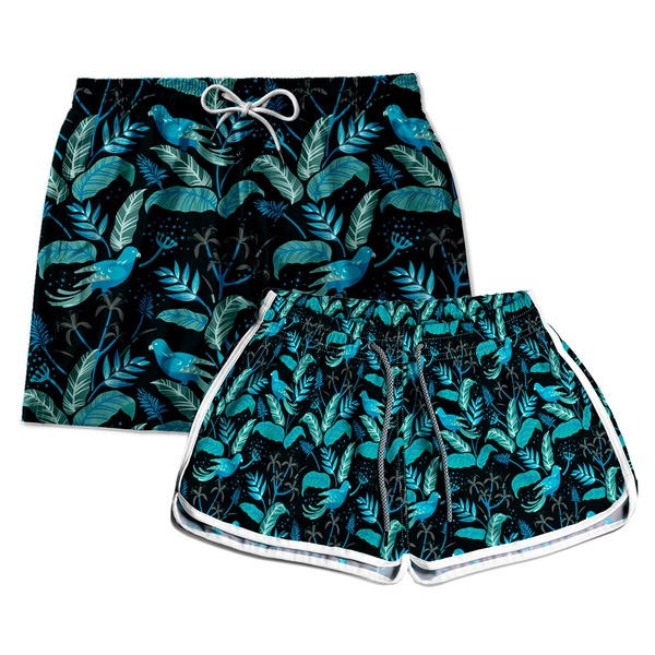 Kit Shorts Casal Masculino e Feminino Floral Azul Use Thuco 0500