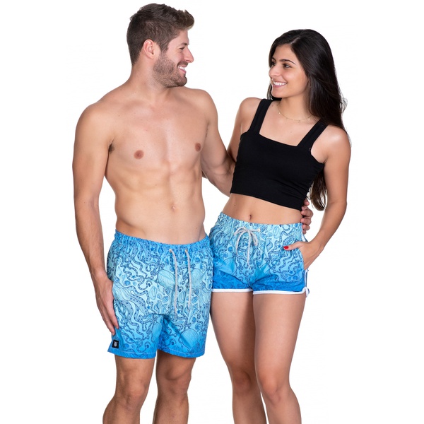 Kit Shorts Casal Masculino e Feminino Tentáculos Azul Degrade Use Thuco 1311