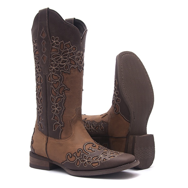 Bota Texana Feminina - Dallas Brown / Fóssil Caramelo - Roper - Bico Quadrado - Cano Longo - Solado Nevada - Vimar Boots - 13106-A-VR