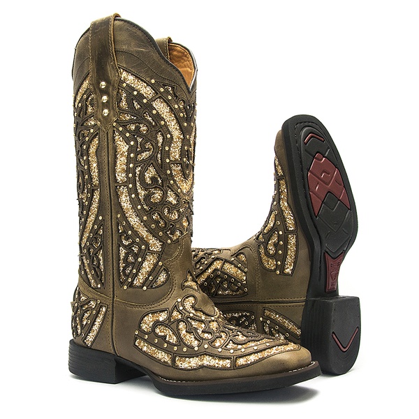 Bota Texana Feminina - Dallas Tabaco / Craquelê Ouro - Roper - Bico Quadrado - Cano Longo - Solado VTS - Vimar Boots - 13119-A-VR