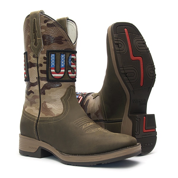Bota Texana Masculina - Dallas Brown / Camuflado - Roper - Bico Quadrado - Cano Médio - Solado Strong Shock - Vimar Boots - 81286-A-VR