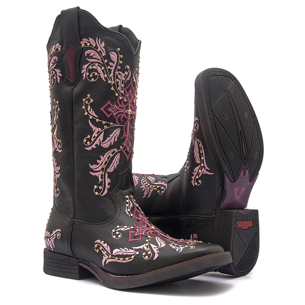 Bota Texana Feminina - Mustang Preto / Pink - Roper - Bico Quadrado - Cano Longo - Solado Freedom Flex - Vimar Boots - 13065-B-VR
