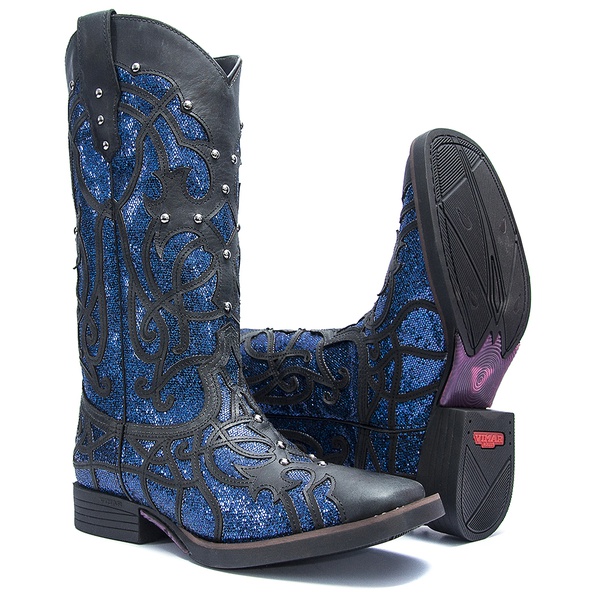 Bota Texana Feminina - Fóssil Preto / Craquelê Azul - Roper - Bico Quadrado - Cano Longo - Solado Freedom Flex - Vimar Boots - 13089-G-VR
