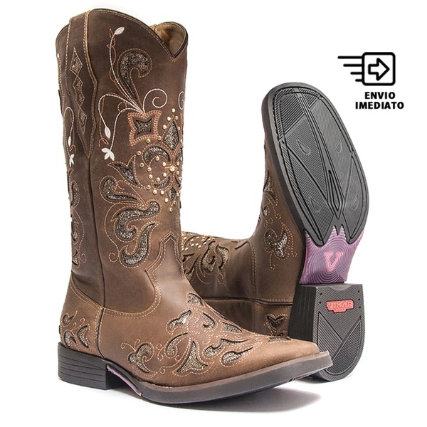 Bota Texana Feminina - Dallas Castor / Craquelê Bronze - Roper - Bico Quadrado - Cano Longo - Solado Freedom Flex - Vimar Boots - 13104-A-VR