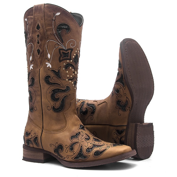 Bota Texana Feminina - Fóssil Caramelo / Craquelê Preto - Roper - Bico Quadrado - Cano Longo - Solado Nevada - Vimar Boots - 13104-B-VR
