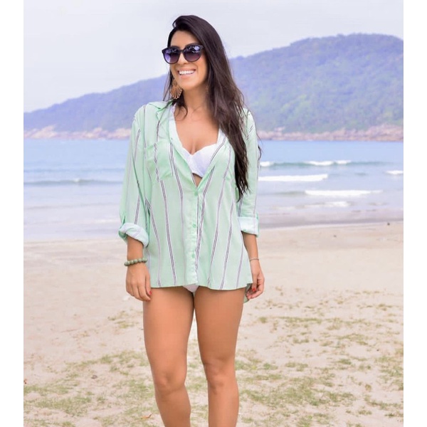 SAÍDA DE PRAIA CAMISA FEMININA LISTRADA VERDE | LOJA VOLARIUM