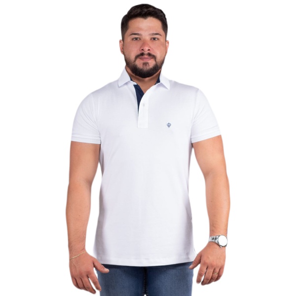 Camisa Polo Masculina Branca Detalhe Azul Marinho Piquet Premium 
