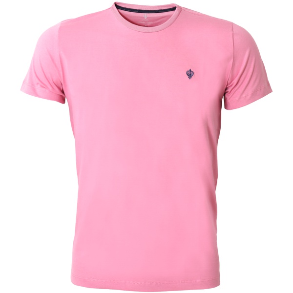 Camiseta Masculina Básica Confort Rosa Detalhe Azul Marinho