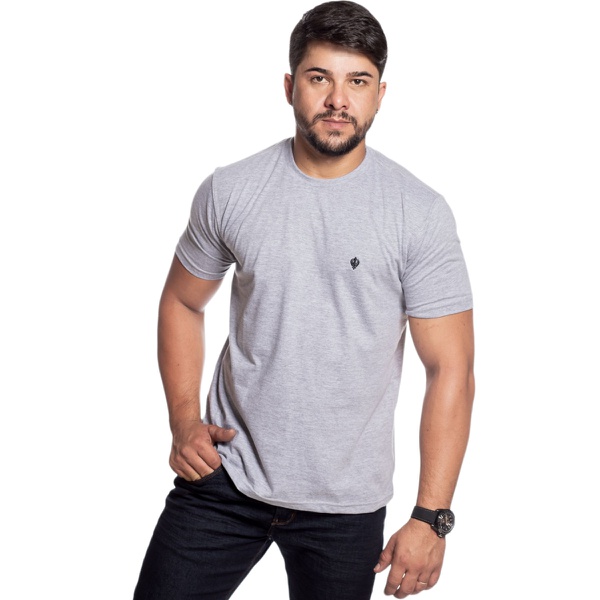 Camiseta Masculina Básica Confort Cinza Detalhe Preto