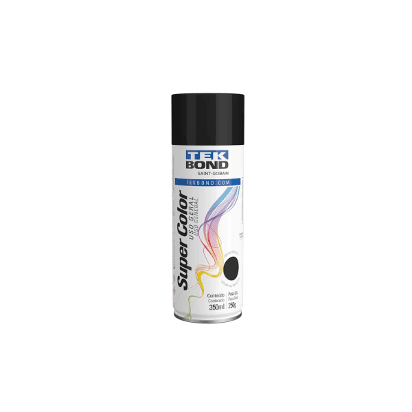 Tinta Spray Preto Brilhante Super Color Uso Geral 350ml 250g Tekbond