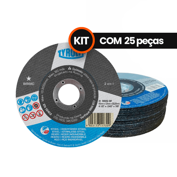 Kit 25 Discos de Corte 41C 115 x 1 x 22,23 mm A60Q-BF Cinza - Tyrolit