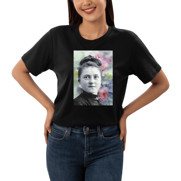 Camiseta Santa Teresinha Algodão Preto Feminina Fé Católica
