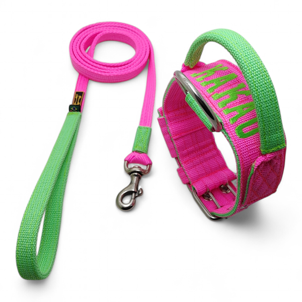 Coleira Poderosso Personalizada E Guia Longa 1,80m Rosa E Verde Flúor