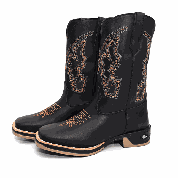 Bota Texana Masculina Country Bico Quadrado Couro Sola Jump Delegada Cano Alto Preta 