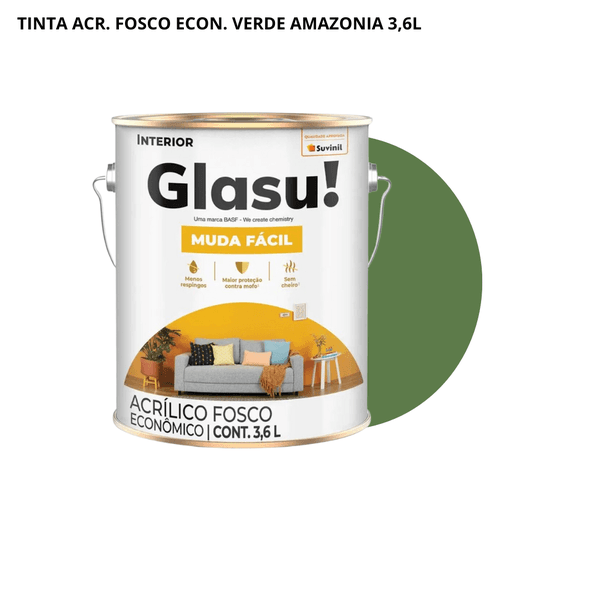 TINTA ACRÍLICA FOSCO MUDA FÁCIL VERDE AMAZONIA 3,6L GLASU!